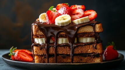 Poster - An artistic shot of honey toast with a thick layer of Nutella, topped with sliced strawberries and bananas, drizzled with honey for a chocolatey delight.