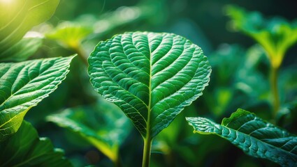 Poster - macro shot of lush young leaves with prominent veins and natural surface details