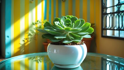 Poster - A shot of a plant in a white ceramic pot placed on a glass table with a lively striped wall, window, and metal fencing as the backdrop