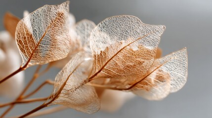 Poster - Translucent skeleton leaves rest elegantly, catching soft light that highlights their intricate patterns. The gentle illumination enhances their delicate textures and earthy tones