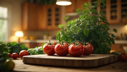 Poster - Kitchen cutting board for vegetables with room for your product. Fuzzy furniture ambiance. White light from the lamp. Fresh vegetables and fruits.