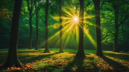 Poster - Autumnal forest featuring trees, sunlight, and lush green backgrounds