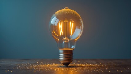 Poster - Innovative idea, inspiration, and creativity depicted with shining light bulbs that glitter on the table, highlighting new ideas in technology, business, and education