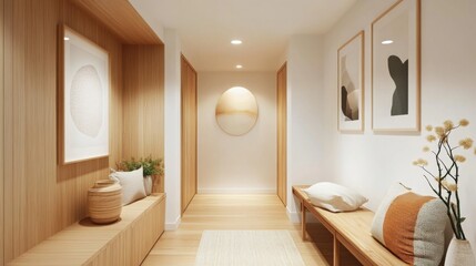 Aufkleber - An inviting hallway in a minimalist home, featuring simple decor, natural wood accents, and soft lighting that creates a warm and welcoming atmosphere.