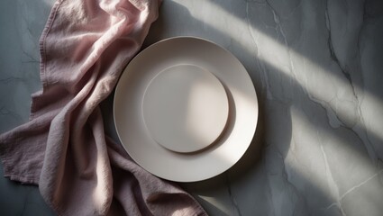 Poster - Bird's eye view of a table with an empty plate and pink towel