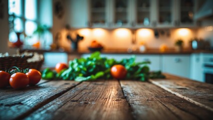 Poster - Interior of kitchen with a wooden old table and vegetables in the background