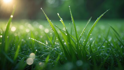 Poster - Intimate perspective of fresh grass blades in a tranquil setting, glowing under soft sunlight.