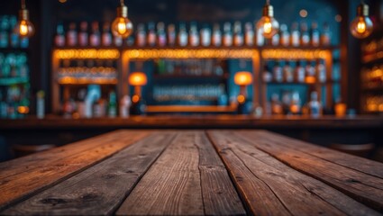Poster - Vintage restaurant scene with a top view of drinks, food, and wooden decor on a bright, blurry night setting