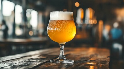 Poster - A beautifully crafted beer in a tall, slender glass with bubbles rising to the surface, placed on a rustic wooden table with soft, natural lighting.