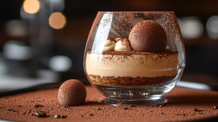 Poster - A beautifully crafted tiramisu, layered with coffee-soaked ladyfingers and mascarpone, presented in a clear glass dish with cocoa powder dusting.
