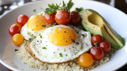 Poster - A beautiful arrangement of fried eggs atop a bed of quinoa, garnished with cherry tomatoes and avocado slices, showcasing a healthy and colorful meal.