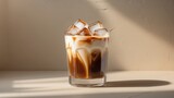 Refreshing caramel macchiato with ice in a glass set on a marble surface