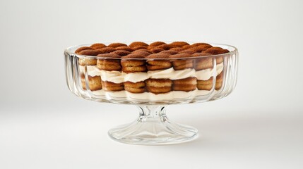 Poster - A classic Italian Tiramisu dessert with layers of coffee-soaked ladyfingers and mascarpone cream, elegantly served in a glass dish against a white background.