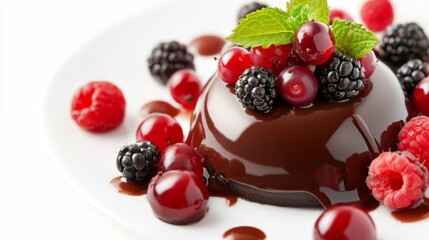 Poster - A close-up of a chocolate dessert with a glossy ganache, garnished with fresh berries and mint, set on a white plate to emphasize its elegant presentation.