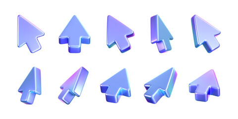 Wall Mural - 3d holographic arrow cursor icon set with a neon gradient, isolated on a dark background. render of 