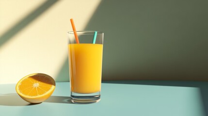 Poster - A close-up of a glass of orange juice with a colorful straw, placed on a sunlit table, highlighting the drink's freshness and vibrant color against a soft background.