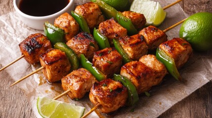 Poster - A close-up of a grilled yakitori skewer with tender chicken pieces and green peppers, beautifully presented with a side of soy sauce and garnished with lime wedges.