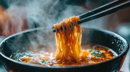 Poster - A close-up of a pair of chopsticks lifting a bundle of soba noodles from a bowl, showcasing their texture and the delicious broth, inviting a tasty experience.