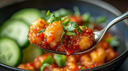 Poster - A close-up of a spoonful of rich chili dip being scooped up with a fresh cucumber slice, highlighting the dish's deliciousness and fresh ingredients.