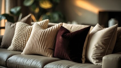 Poster - Stylish home interior with layered textiles and decorative pillows enhances the tranquil and chic atmosphere.