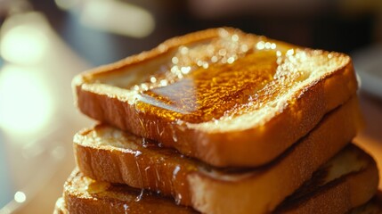 Poster - A close-up of honey toast stacked high, with layers of butter and syrup, showcasing the golden texture and mouthwatering aroma that invites indulgence.