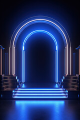 Poster - Neon arch in dark blue lights room with clouds. Abstract background for party stage or product display.