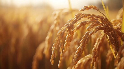 Poster - A close-up of rice plants in a field, with ripe grains ready for harvest, highlighting the detailed structure of the plants and the richness of the crop.