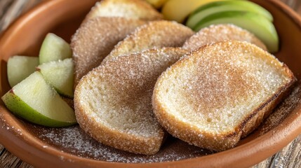 Poster - A close-up of sweet cinnamon toast sprinkled with sugar and cinnamon, served on a plate with a side of fresh fruit for a cozy dessert vibe.