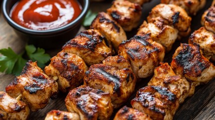 Poster - A close-up view of a yakitori skewer with perfectly charred chicken, served with a small bowl of dipping sauce, highlighting the smoky flavor and delicious texture.