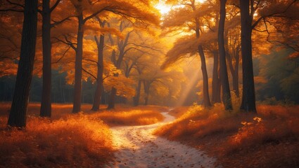 Poster - Seasonal woodland scene showing a sandy trail through trees in fall