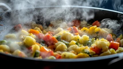 Poster - A close-up view of steaming aloo gobi, showcasing the golden-yellow color from turmeric and the chunky vegetables mixed with fragrant spices in a rustic dish.