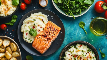 Poster - A colorful display of grilled salmon served with a side of garlic mashed potatoes and sauted spinach, highlighting a delicious and balanced dinner option.
