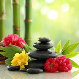 Zen stone stacking with carnation flowers and bamboo in a spa setting wellness and relaxation concept