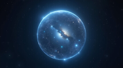 A blue planet that looks like it has a galaxy inside it floats amid the universe.