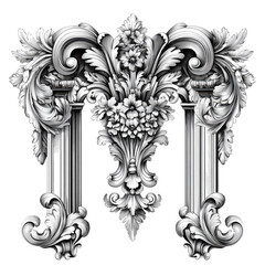 Poster - Ornate white architectural detail with intricate floral and scroll designs on a transparent background. Featuring detailed textures and elegant symmetry suitable for decorative elements.