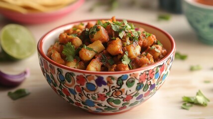 Poster - A cozy setting featuring aloo gobi in a colorful bowl, adorned with freshly chopped herbs and served with crispy papad, inviting a satisfying dining experience.