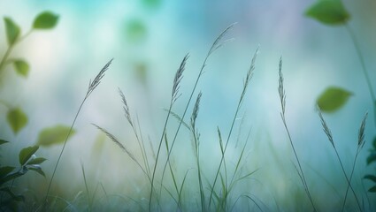 Poster - Beautiful natural scene with pastel colors and a soft focus on blue shades, surrounded by green leaves and floral elements.