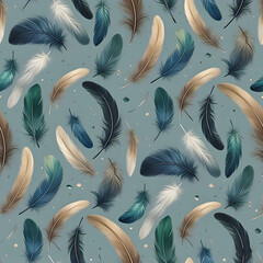Wall Mural - a pattern of various colored feathers floats gently against a muted blue grey background