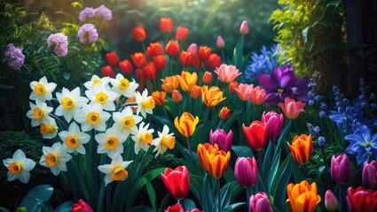 Wall Mural - charming close-up of a garden with flowers basking in the sun