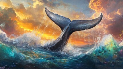 Aufkleber - A dramatic image of a whale tail slapping the waters surface, creating large splashes and ripples in the ocean, with a lively marine backdrop.