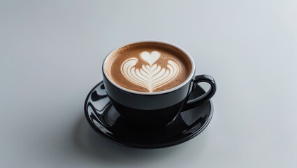 Aufkleber - Isolated black ceramic cup containing cappuccino with a heart-shaped latte art design