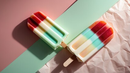 Poster - Ice cream popsicles in soft pastel tones arranged on a paper background. Minimal summer design.