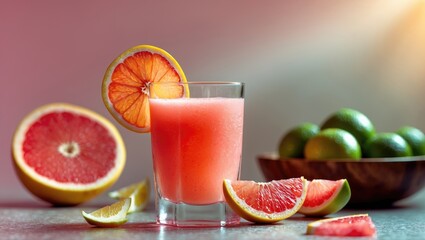 Poster - A glass of juice made from fresh ingredients with slices included.
