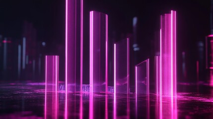 Poster - A futuristic D financial bar graph with transparent bars and glowing edges, set against a tech-inspired backdrop, representing modern data visualization.