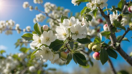 Aufkleber - Magnified image of a garden apple tree branch with white flowers and green foliage under bright sunlight and blue sky