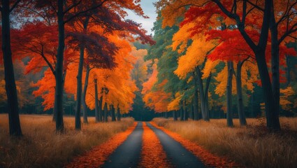 Poster - Sunlit fall landscape showing a forest trail surrounded by colorful orange, red, and brown leaves in autumn