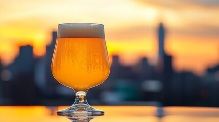 Aufkleber - A glass of light golden beer with perfect carbonation, resting on a reflective surface, with a blurred cityscape visible in the background at sunset.
