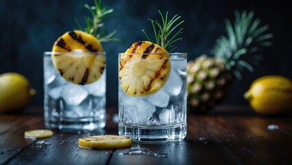 Aufkleber - Summertime Cocktail: Gin and Tonic with Charred Lemon, Rosemary, and Coriander