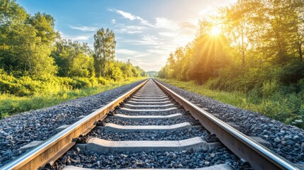 Aufkleber - A long, straight railway track with gravel between the rails, stretching through a dense forest, with sunlight filtering through the trees, representing peaceful solitude.