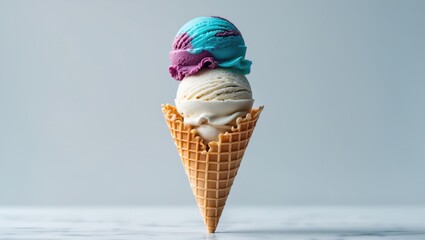 Poster - Colorful pastels of triple scoop ice cream cone in a waffle cone, isolated on a background.